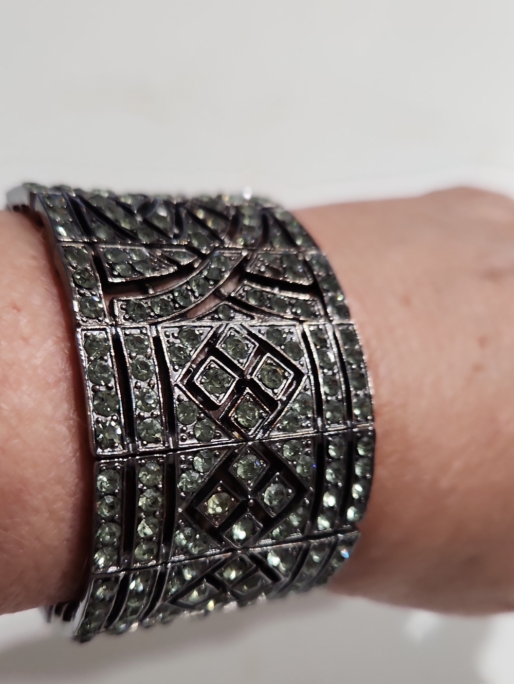Silver-Tone Wide Cuff Bracelet with Green Crystals